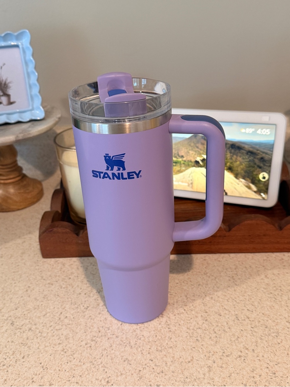 Stanley Purple Travel Mug with Handle - Blue Logo